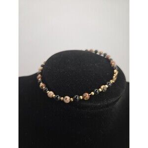 Vintage 1/20 14K Gold Filled Jasper Black Glass Bead Bracelet Stacking 8.5" XL
